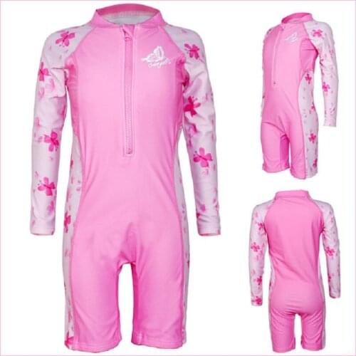 New One-piece Girls Swimsuit Short-sleeve Sunscreen Flat Corner Bathing Suit Middle Big Childrens Pink Butterfly Print Swimwear