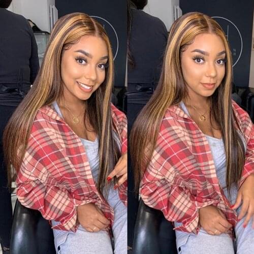 Tahikie Straight Lace Front Wig Brown Highlight Wig Human Hair 4x4 Closure Wig T Part Wig Colored Human Hair Wigs Remy Indian