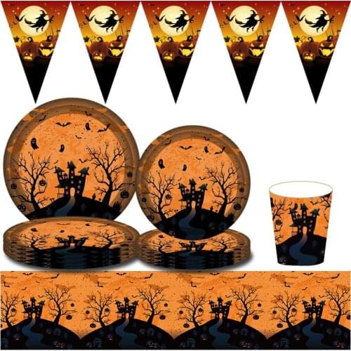 Halloween Cartoon Pumpkin Plastic Straw Paper Plate Banner Decoration Halloween Party Tableware Decoration Supplies