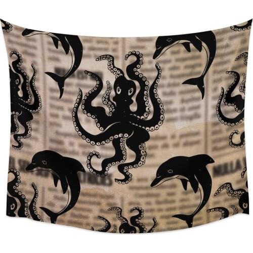 Retro Style Newspaper Sea Animal Silhouette Wall Tapestry Cover Beach Towel Picnic Yoga Mat Home Decoration