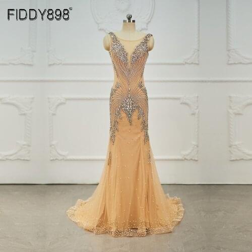 Dubai Luxury Heavy Beading Pearls Sleeveless Mermaid Evening Dresses Backless Shining Prom Dress 2020 OEV-L4254