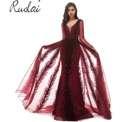 Luxury Dubai Evening Dress Mermaid 2019 V-Neck Long Sleeves Velvet Crystal Handmade Arabic Plus Size Formal Prom Party Gowns