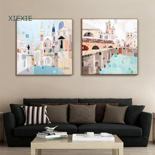 Hand Painted Cartoon Landscape Canvas Painting Seaside City Port Boat Light Blue Printing Poster for Room Office Hotel Decor