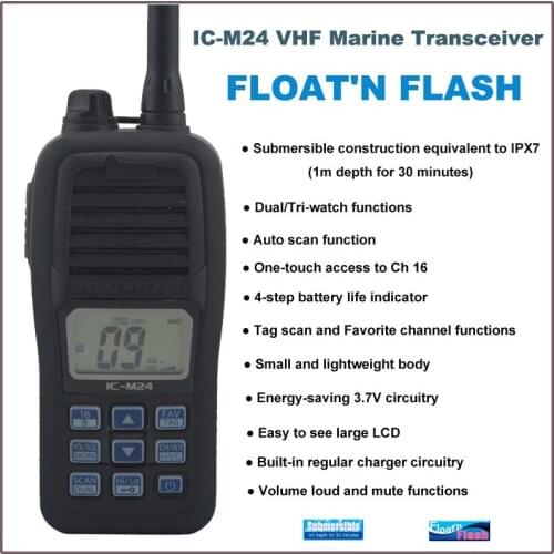 FLOAT'N FLASH IC-M24 VHF Marine Transceiver Waterproof (Submersible construction equivalent to IPX7)