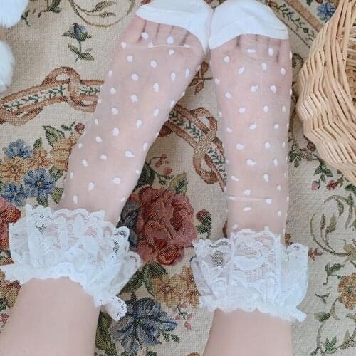 Japanese Lolita Palk Dots Sock Lace Soft Sister Piles Of Sock Cos Loli Maid Stocking Wave Sock White Sweet Lolita Stocking 0213