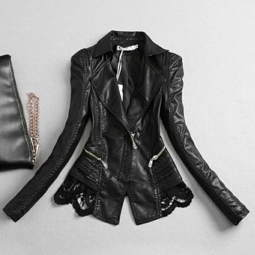 Womens Jacket Leather Coat 2021 New Spring Autumn Short Lace Jacket Female Outerwear