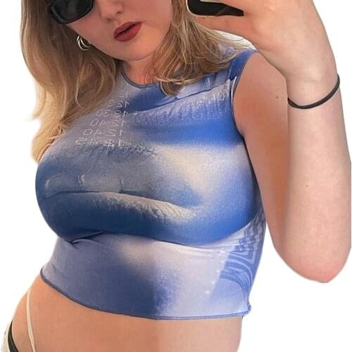 Womens Crew Neck Tank Tops Summer Sleeveless Abstract Print Slim Fit Crop Tops