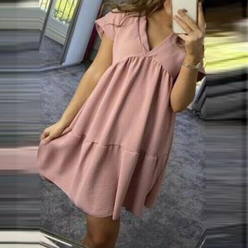 Women Dress Plus Size Loose Mini Dresses V-neck Solid Color Draped Short Sleeve Ruffles Dress Casual Clothes