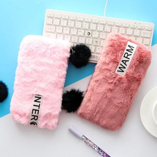 1pc 4 Kinds Macaroon Color Fluffy Warm Zipper Pencil Case Pen Box Kids Pencil Bag Student Girl Stationery Storage School Supply