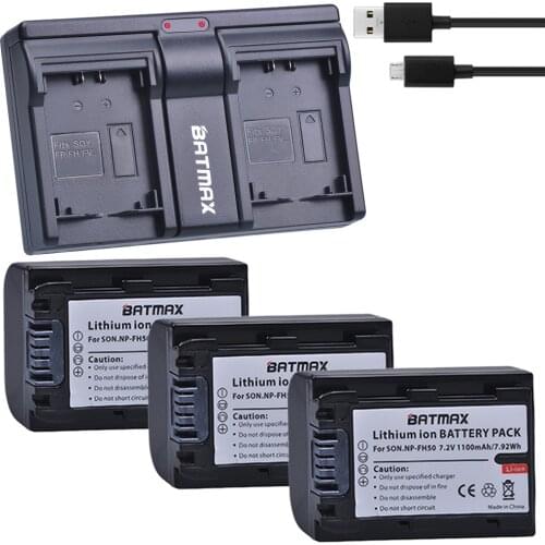 3Pcs 1100mAh NP-FH50 NP FH50 NPFH5 NP FH70 FH100 Batteries + USB Dual Charger for Sony A230 A290 A390 HX100 HX200 HDR-TG1E