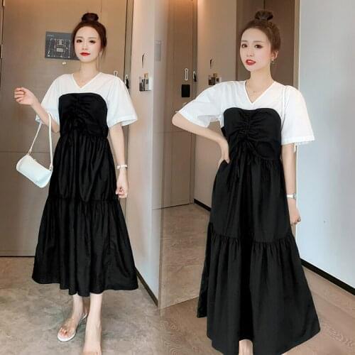 592# Maternity Clothes Summer Cotton Patchwork V Neck False Two Pieces Short Sleeves Stylish Dress Pregnant Women Mom Dress