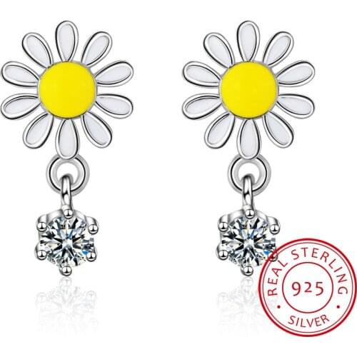 925 Sterling Silver Daisy Earrings For Women Spring Jewelry enamel Sun Flower Zirconia Tassel Earrings oorbellen S-E759
