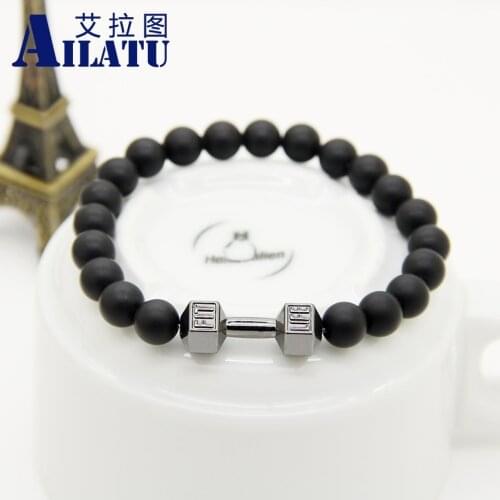Ailatu Alloy Metal Barbell Jewelry 8 mm Black Matte Glass Beads Fashion Fit Life Dumbbell Bracelet