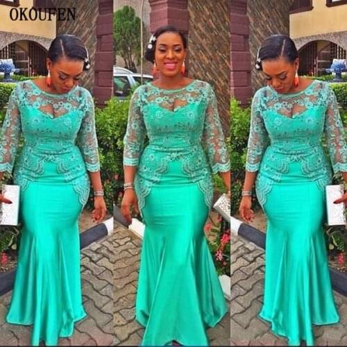 Turquoise African Mermaid Evening Dress 2021 Vintage Lace Nigeria Long Sleeves Aso Ebi Style Evening Party Gown vestidos de gala