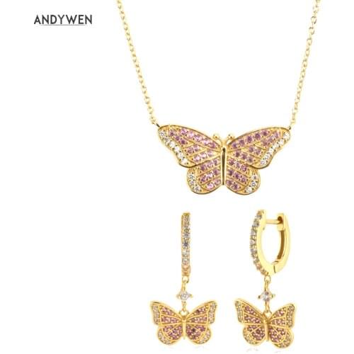 ANDYWEN 925 Sterling Silver 2021 Clear Pink Butterfly Pendant Necklace Long Chain Fashion Crystal Luxury Jewelry 2021 Wedding