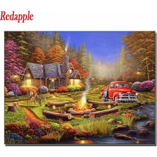 Countryside, farm landscape Diy Embroidery Full Square Rround Drill Diamond Painting Cross Stitch Rhinestone Mosaic Bonfire Hut