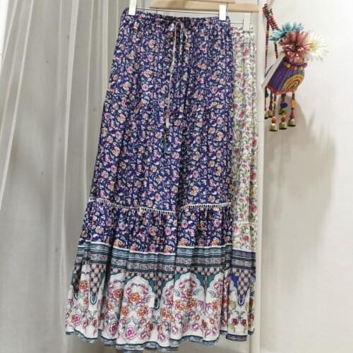 Jastie Stitching Hollow Floral Print Skirt Boho Ethnic Holiday Long Skirt Summer And Autumn Elastic Waist Tassel A-Line Skirt