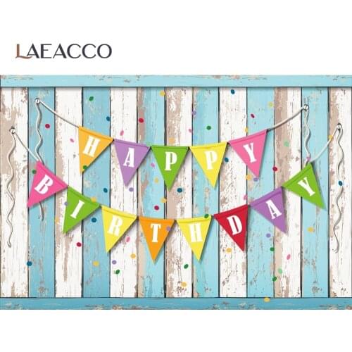 Laeacco Blue White Fade Color Wood Planks Happy Birthday Party Flag Decor Photocall Photo Background Photography Backdrop Photo