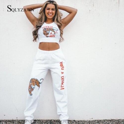 Summer Fashion Animals Print Sexy White Crop Top Casual Matching Set High Waist Long Pants Fitness Tracksuit 2 Piece Outfits