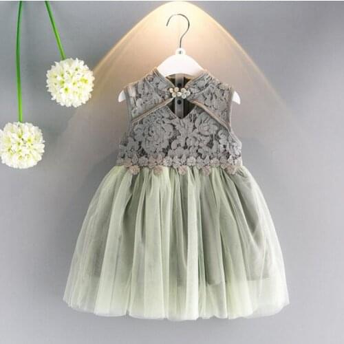 2017 new fashion children kids baby girls rustic flowers tulle dress cheongsam styles summer dress with lace buttons