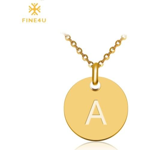 FINE4U N027 Disc Pendant Necklace Gold/Silver Color Letter Alfabet Necklace 316L Stainless Steel Chain Necklaces For Women