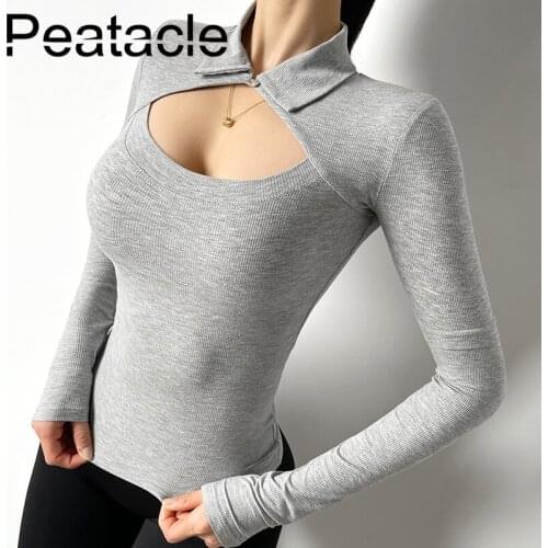 Peatacle Sexy Tight-fitting Slim Sports Top Womens Long Sleeve Stretchy Black Yoga Clothes Fitness T-shirt