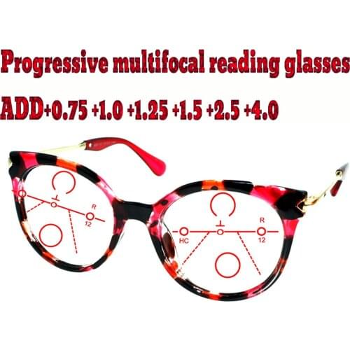 Progressive Multifocal Anti Blu Light Reading Glasses Red Metal Frame Men Women High Quality Cats Eye Large Size Frame+0.75To+4