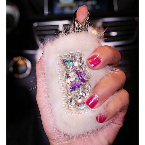 Lovely Cute Crystal Leather Car Key Case Mini White Black Furry Auto Key Bag Chain Ring Holder Great Gift for Girlfriend Wife