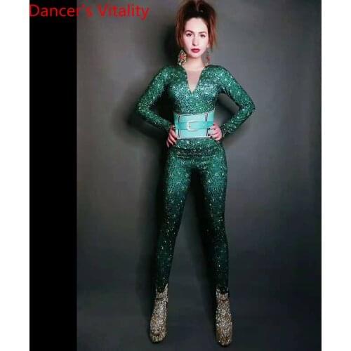 Singer DJ Disco Yoga Acrobatics Pole Jazz Dance Stretch Diamond Splicing Leotard Women Performance Costume Stage Wear Body Suit