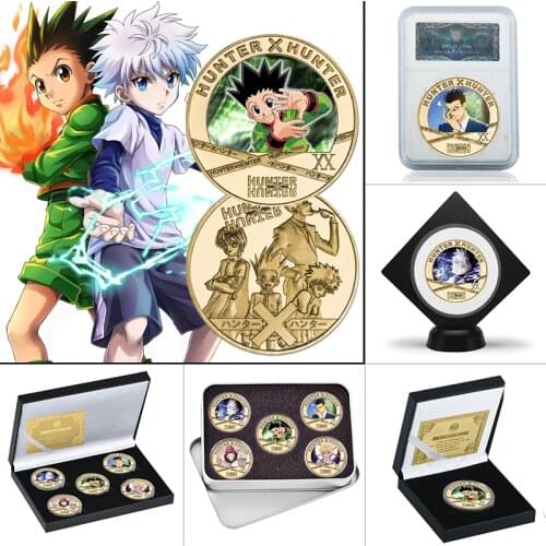 WR 5pcs Japanese Anime Hunter Gold Plated Coins Collectibles with Box US Challenge Coin Original Anime Gifts for Children