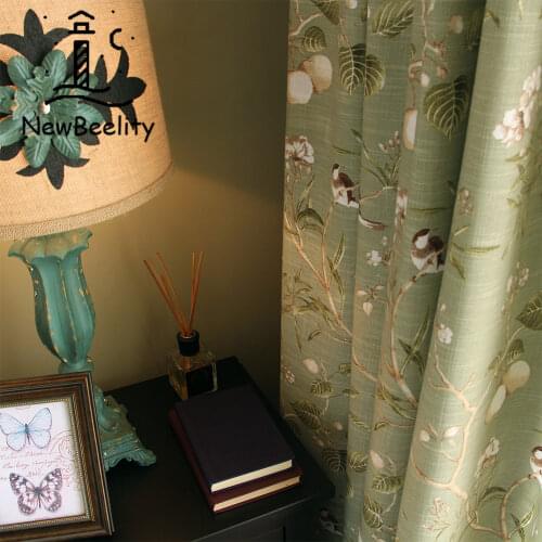 American Country Linen Curtains Garden Green Window Curtains for Living Room Birds Printed Bedroom Window Blackout Drapes