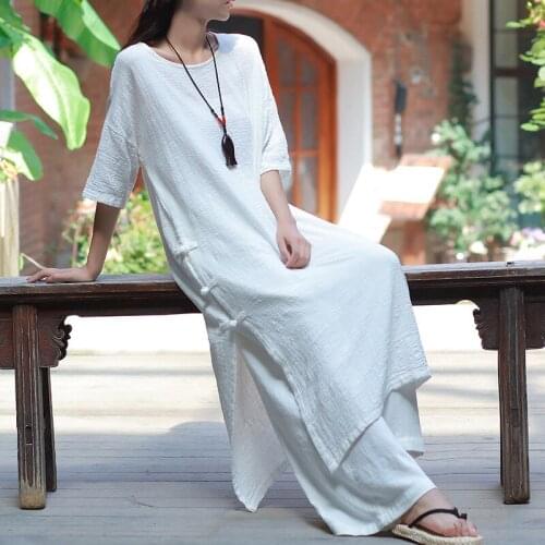 Johnature Women Vintage Dress Loose Cotton Linen Robes 2020 Summer New O-Neck Half Sleeve Button Solid Color Brief Women Dress