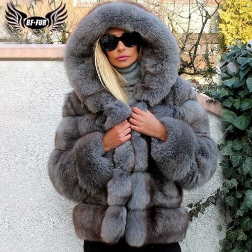 Womens Grey Natural Fox Fur Coat With Hood Thick Warm Genuine Blue Fox Fur Jackets Woman Winter Outwear Luxury Fur Coats 2020