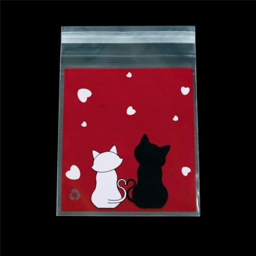 100pcs Lovely Cat Cartoon Cookie Candy Bags Self-adhesive Plastic Bag Wedding Party Biscuit Favor Bag Gift Wrapping Supplies