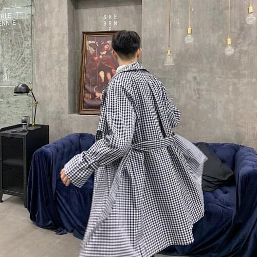 2019 Men Vintage Fashion Plaid Trench Coat Japan Harajuku Streetwear Male Loose Long Cardigan Windbreaker Jacket