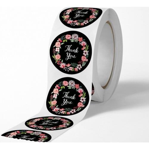 500pcs/roll 1 inch Black Flower Thank You Stickers for Wedding Favors Party Seal Label Business Packing Label Stationery Sticker