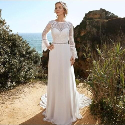 Bohemian Wedding Dress A-Line O-Neck Flare Sleeve Lace Appliques Backless Floor Length Sweep Train Formal Bride Gown New