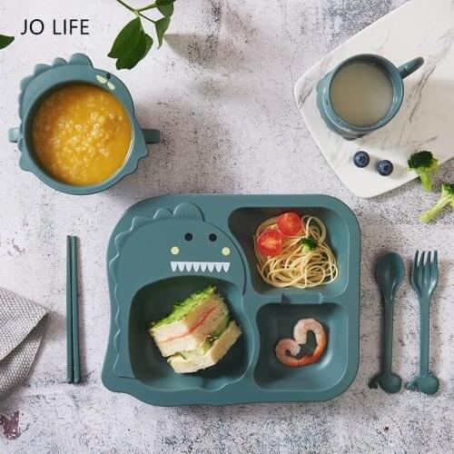 JO LIFE 6pcs/set Dinosaur Cartoon Children Tableware Set Student Plate Wheat Straw Bowl Fork Spoon Baby Training Dishes