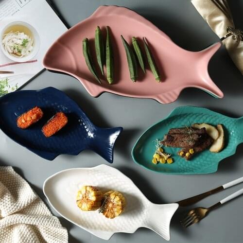 Irregular Fish Shape Ceramic Steak Dessert Plate Rectangle Solid Glaze Fish Tray Porcelain Breakfast Dinner Dish Dinnerware