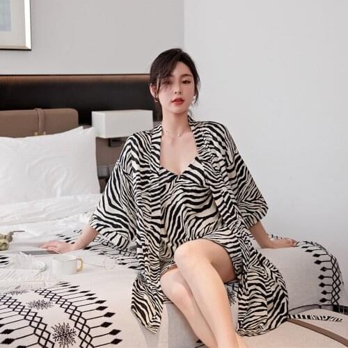 5 Piece Robe Zebra Sexy Satin Roomwear Thin Long Sleeve Pajamas Set Sexy Pajamas with A Pocket Pajama Set Pure Silk Sleepwear