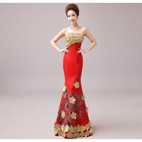 Red gold flower Chinese long women bridesmaid mermaid dresses high fashion dress ladies gowns with flower end wedding 2020