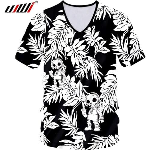 UJWI male Fitness v-T-shirts Black White Leaf Sports Tee man 3D Full Body Print Skull Print T-shirt Super Large Size Wholesale