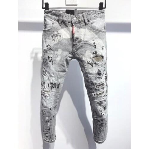 Dsquaren2 Mens Fashion Trend Patch Applique Washed Frayed Hole Painted Slim Fit Slim Jeans DSQ2 mens jeans A339