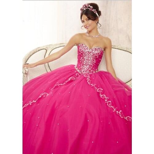New Pageant Fuschia Quinceanera 15 years Layers Tulle Sweetheart Sparkling Beaded Party Ball Gown Prom bridesmaid Dresses