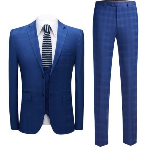New style of mens suit. Blue plaid business blazer. Mens Fashion Boutique Plaid Wedding Dress Suit( Jacket + Vest ++ Pants )