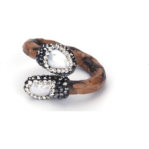 Handmade Freshwater Pearl End Bead Charms Pave Rhinestone Brown Real Snake Leather Adjustable Stacking Open Rings Cuff For Women