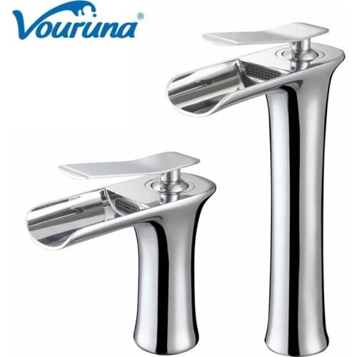 Vouruna Waterfall Basin Faucet White&Chrome Tall Cascade Bathroom Vessel Sink Mixer Tap Single Lever