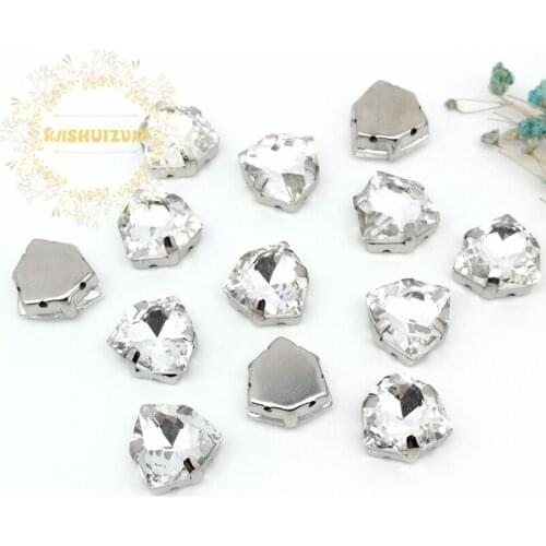 White Fat t-riangle Crystal Glass Sew-on Rhinestones with Silver claw DIY Womens Dresses and Headdress 20pcs/piece