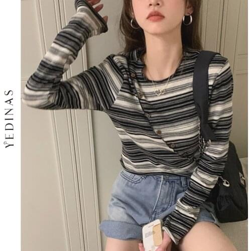 Yedinas Long Sleeve T-shirts Women Tops Tees Design Vintage Streetwear Button Tee Tops Striped Y2k Casual Harajuku Tops Autumn