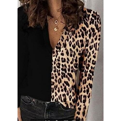 Women Fashion Spring Autumn Casual Long Sleeve Tops Casual Leopard Stitching V Neck Pullover T Shirts Sexy Daily Wear Knitwear